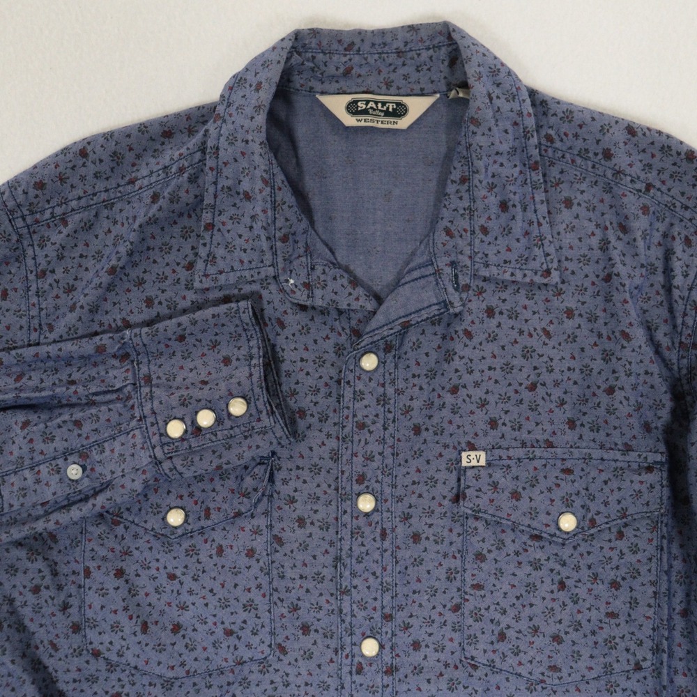 Salt Valley Western Shirt Floral Pearl Snap 100% Cotton Blue Cabbage Rose Men M - Picture 2 of 9